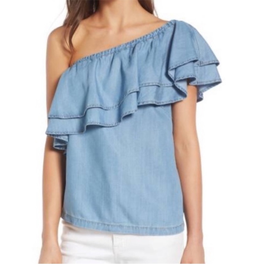 Chelsea28 Blue chambray off shoulder Top